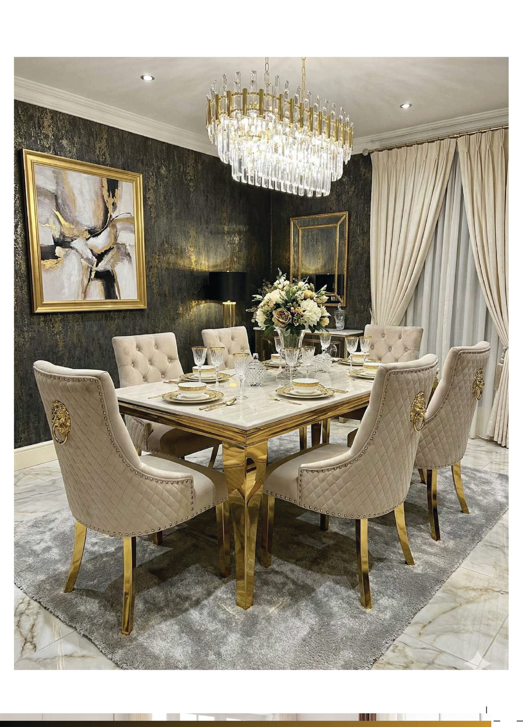 SOFIA CREAM DINING TABLE with MAJESTIC GOLD LION CHAIRS