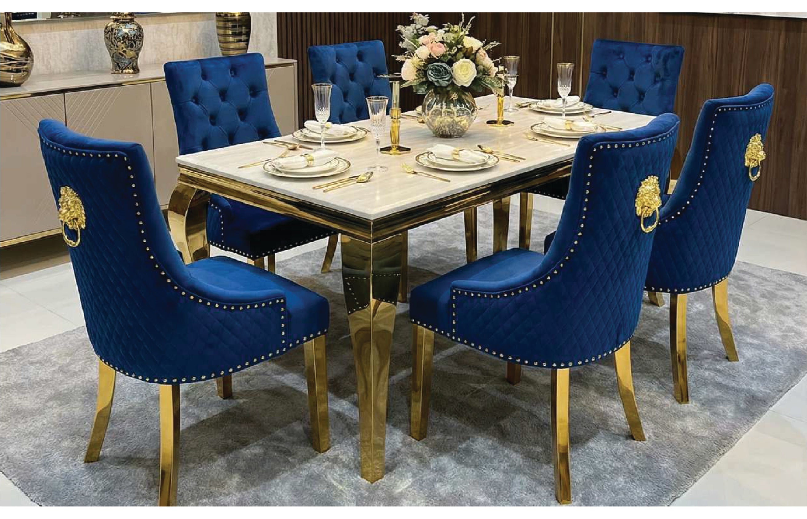 SOFIA CREAM DINING TABLE with MAJESTIC GOLD LION CHAIRS