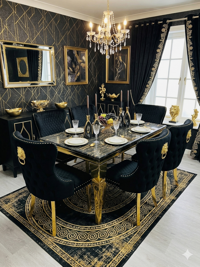 SOFIA BLACK DINING TABLE with VICTORIA LION KNOCKER CHAIR