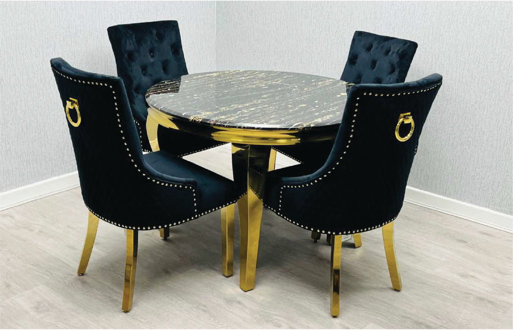 SOFIA BLACK DINING TABLE with MAJESTIC GOLD RING CHAIRS