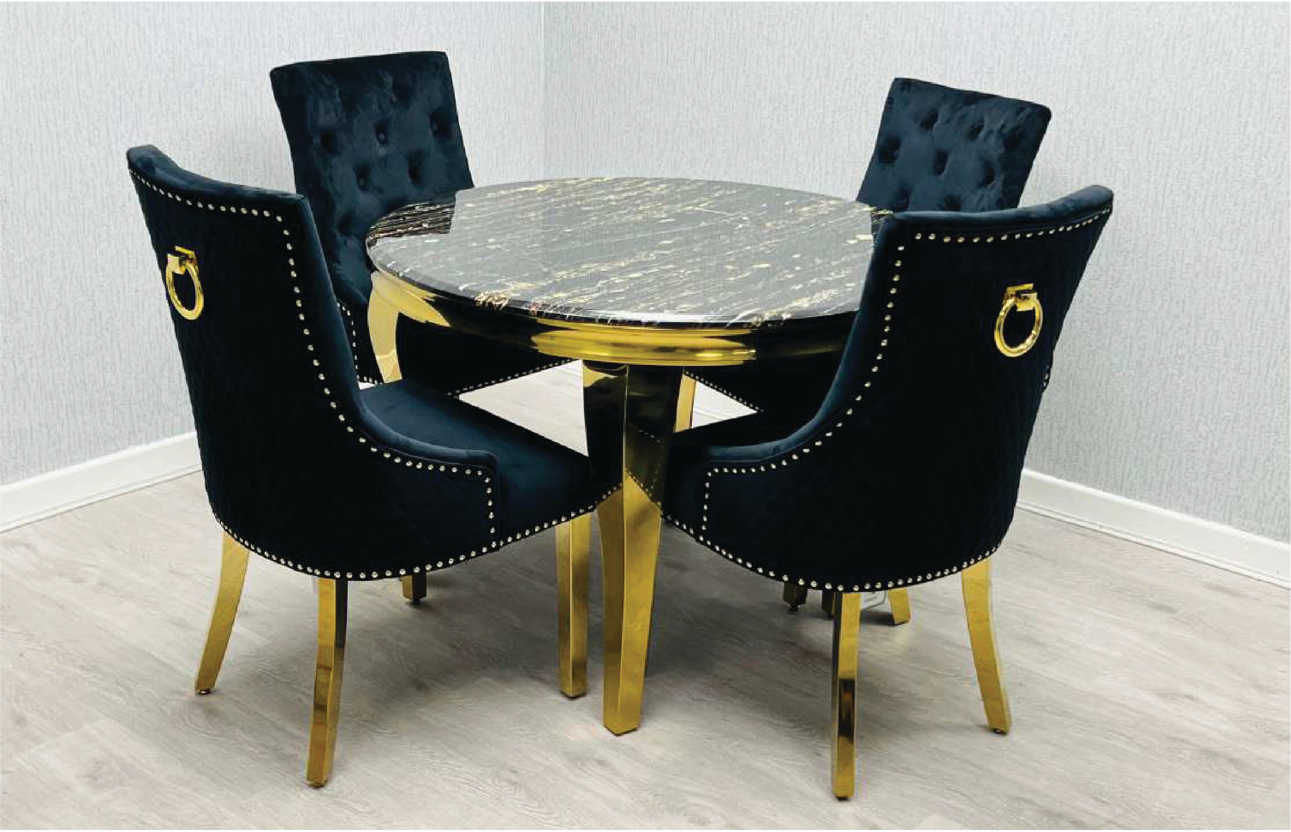 SOFIA BLACK DINING TABLE with MAJESTIC GOLD RING CHAIRS