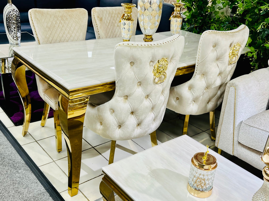 SOFIA CREAM DINING TABLE with VICTORIA GOLD CHAIRS