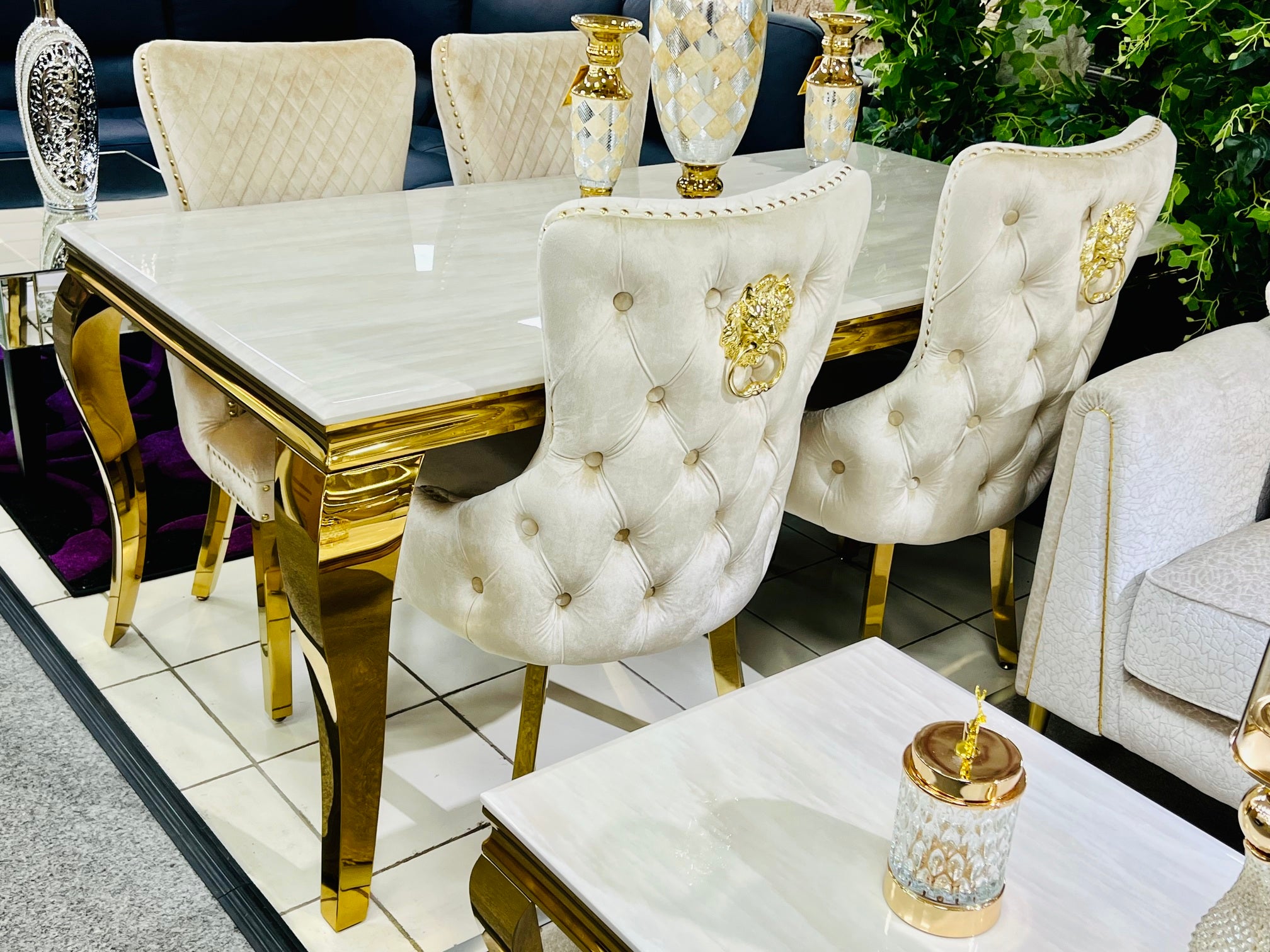 SOFIA CREAM DINING TABLE with VICTORIA GOLD CHAIRS