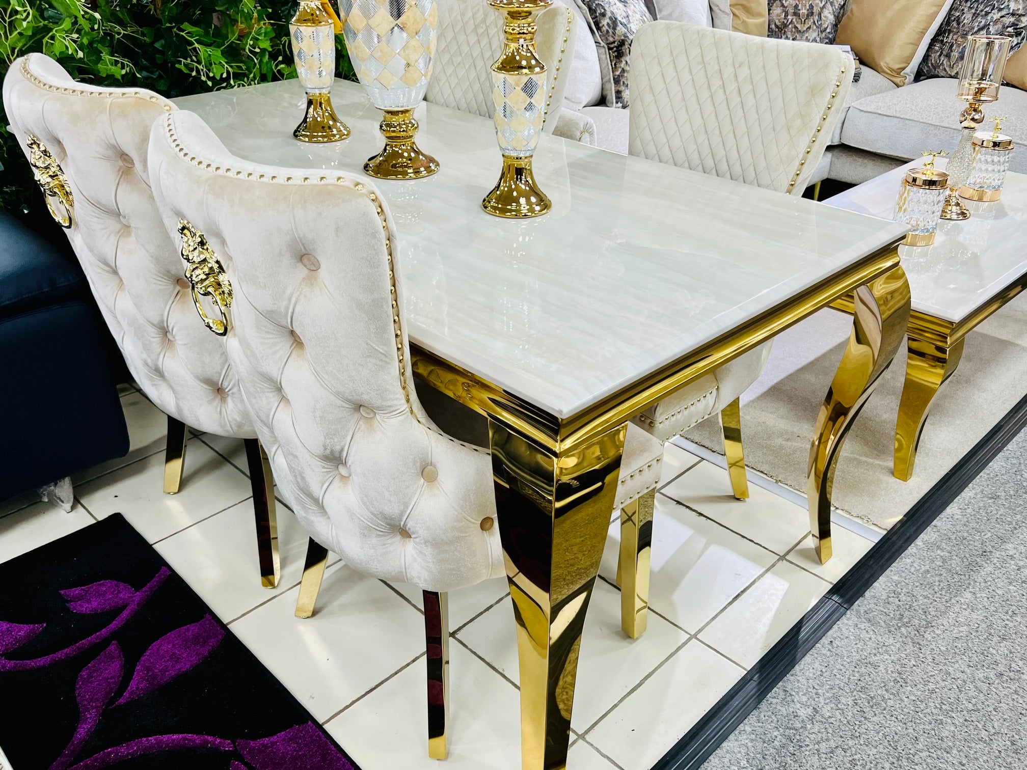 SOFIA CREAM DINING TABLE with VICTORIA GOLD CHAIRS