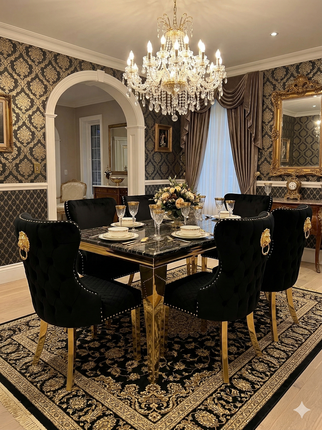 SOFIA BLACK DINING TABLE with VICTORIA LION KNOCKER CHAIR