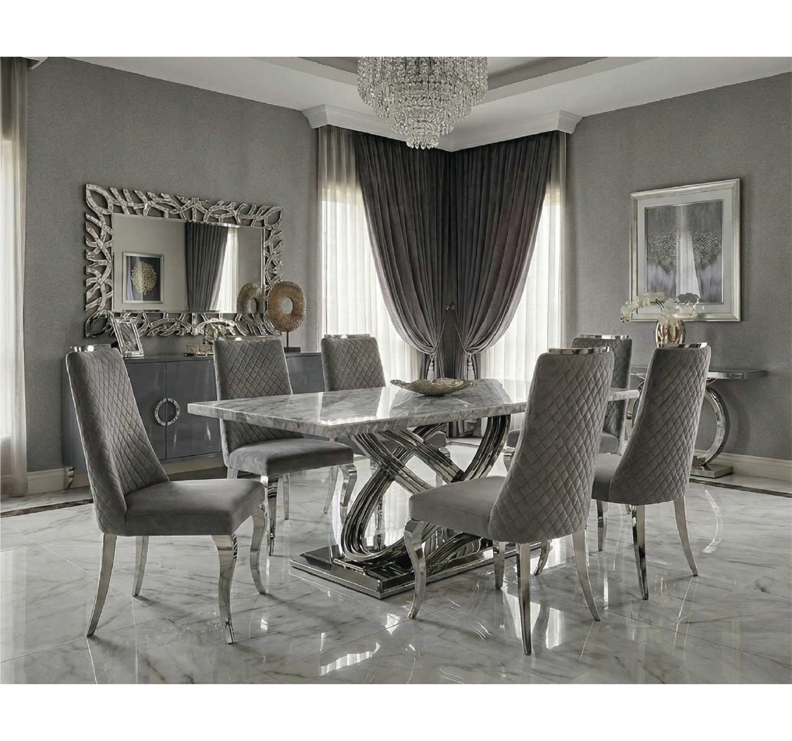 ELINA GREY & CHROME DINING TABLE with ROXBY CHAIRS